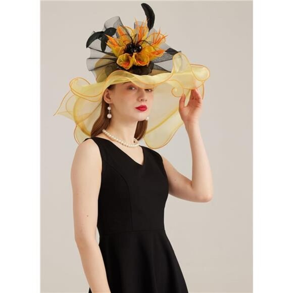 Women's Kentucky Derby Church Dress Hat 03-yellow,black - Picture 4 of 7